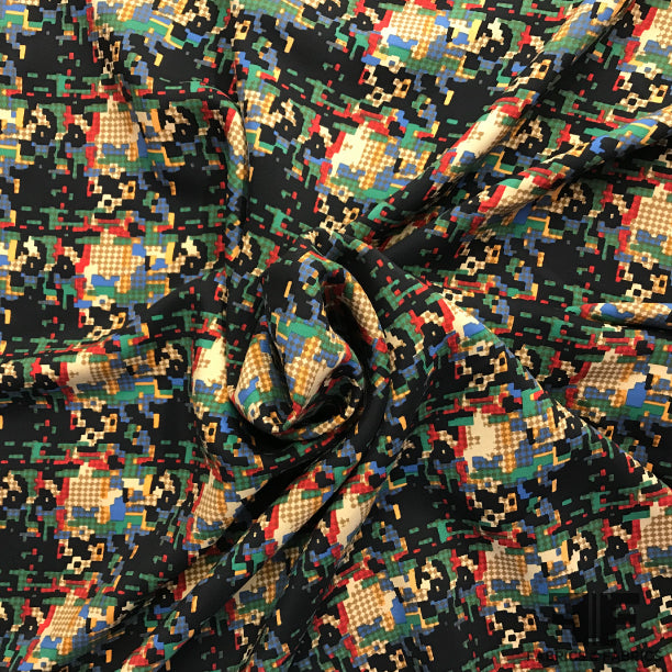 Abstract Houndstooth Printed on Silk Charmeuse - Red/Green/Blue/Black