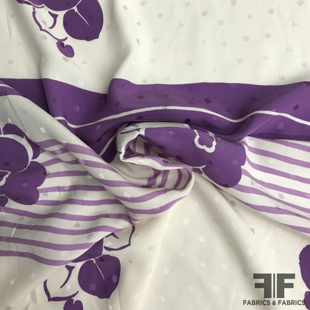 Floral and Striped Silk Jacquard - Purple/Off White