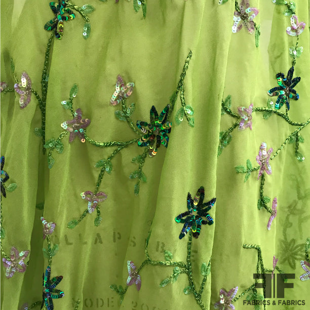 Sea Green Colour Floral Print Organza Fabric