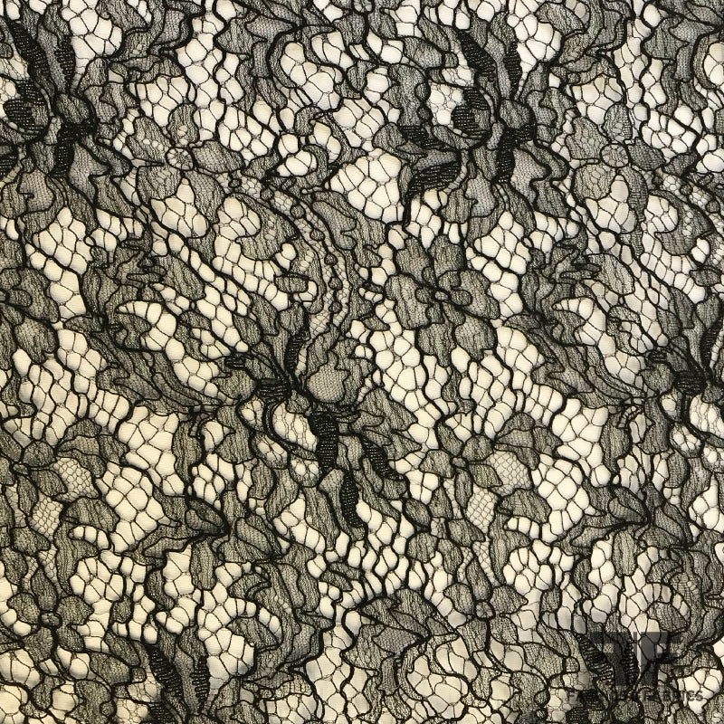 French Lightly-Corded Lace - Black with Metallic Threads