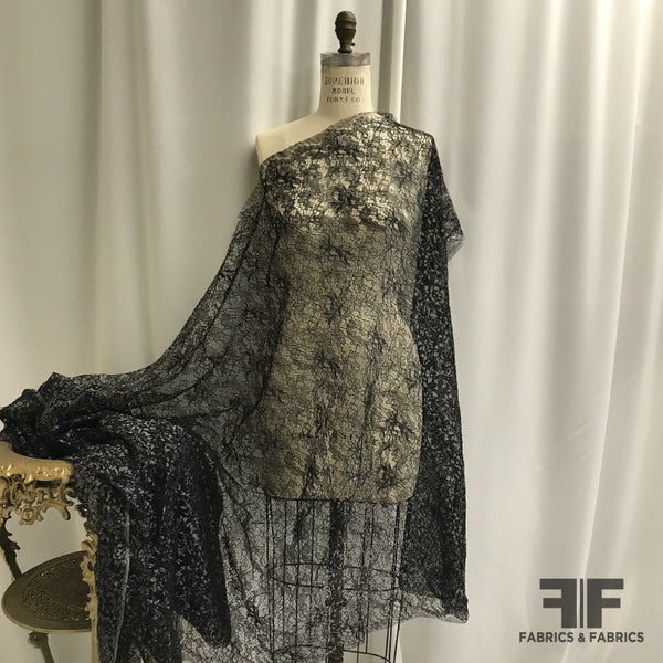 French Lightly-Corded Lace - Black with Metallic Threads – Fabrics ...