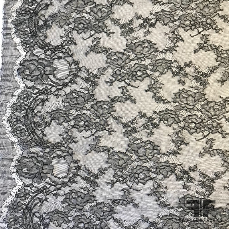 Lace fabric, Double Scalloped Jet Black Chantilly Lace Fabric