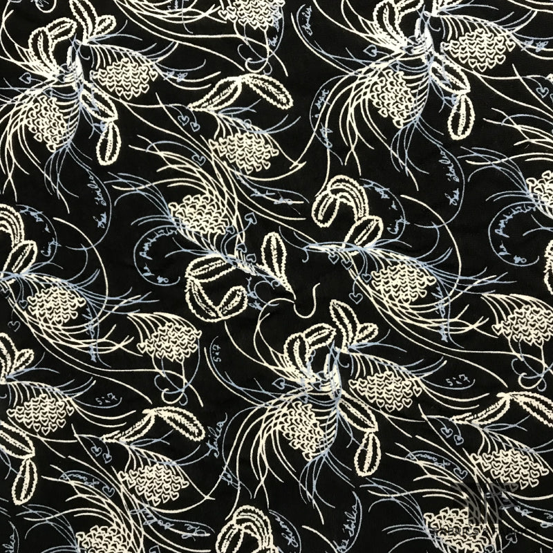 Abstract Floral Printed Rayon Crepe - Black / Off White / Blue