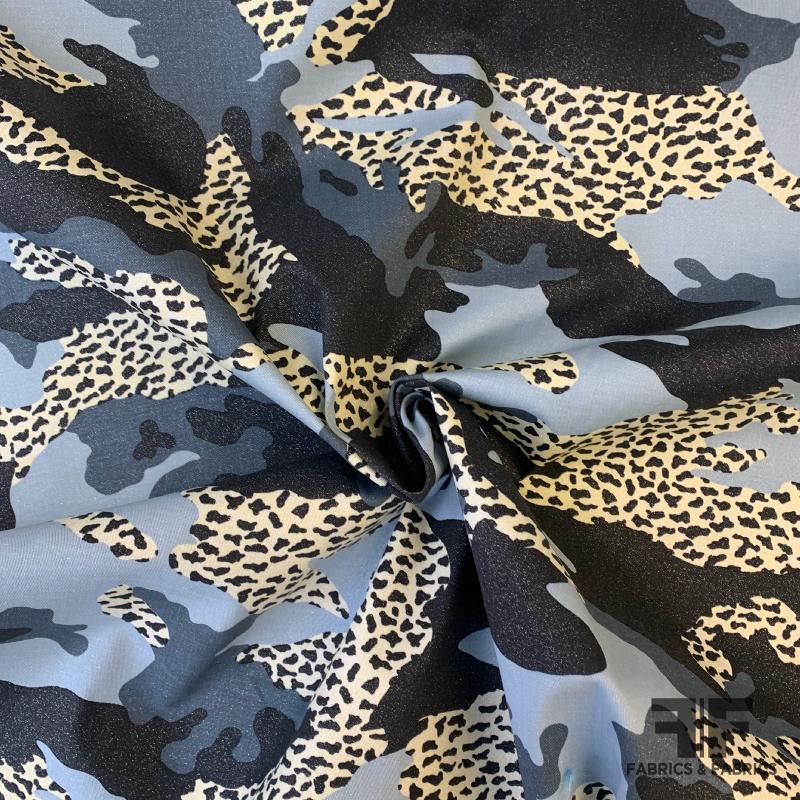 Sparkly Cheetah/Camo Printed Cotton Canvas - Indigo/Taupe/Brown/Black