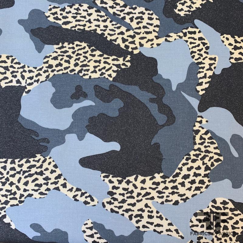 Sparkly Cheetah/Camo Printed Cotton Canvas - Indigo/Taupe - Swatch