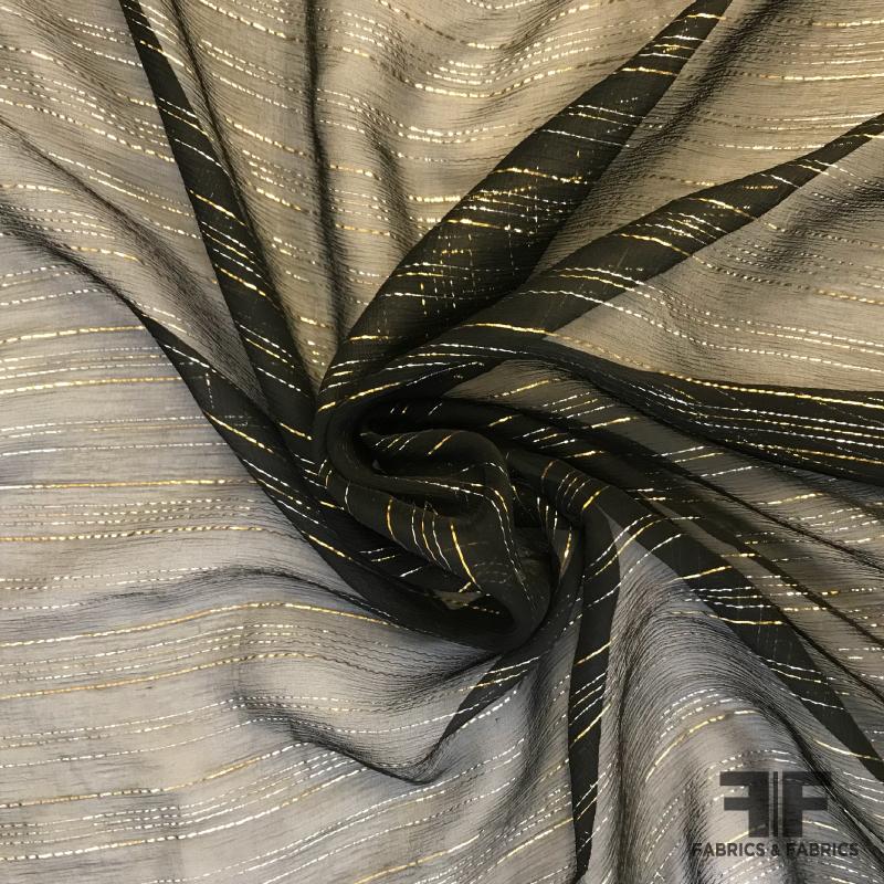 Metallic Striped Crinkled Silk Chiffon - Black/Silver/Gold