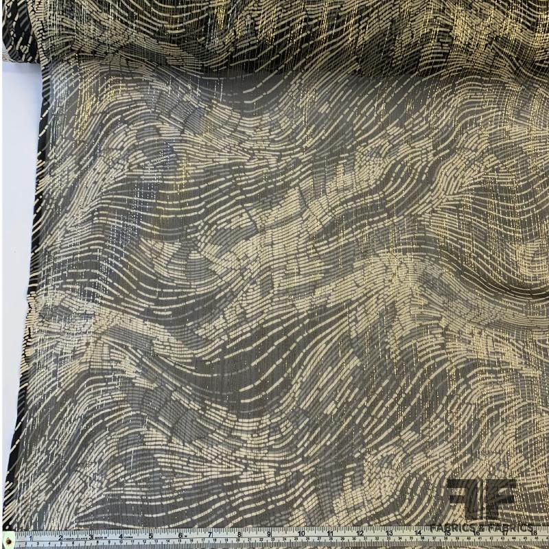 Metallic Abstract Wave Silk Chiffon - Black/Beige/Gold