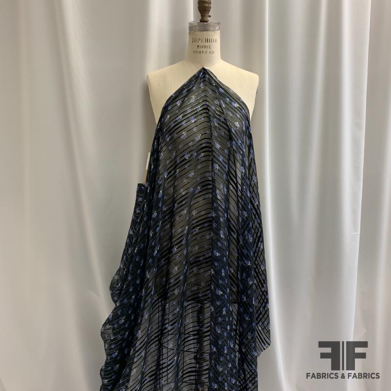 French Metallic Floral and Striped Burnout Silk Chiffon - Black/Blue