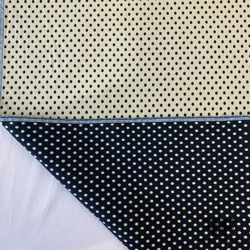 Italian Double-Sided Stretch Polka Dot Cotton Suiting - Navy/Cream