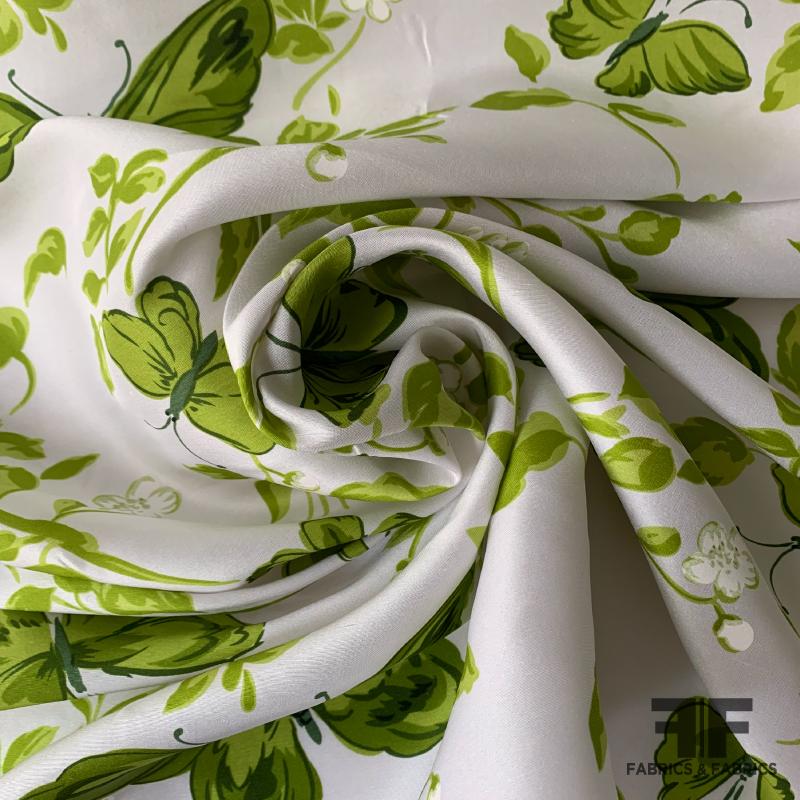 Butterfly Printed Silk Shantung - Green/White