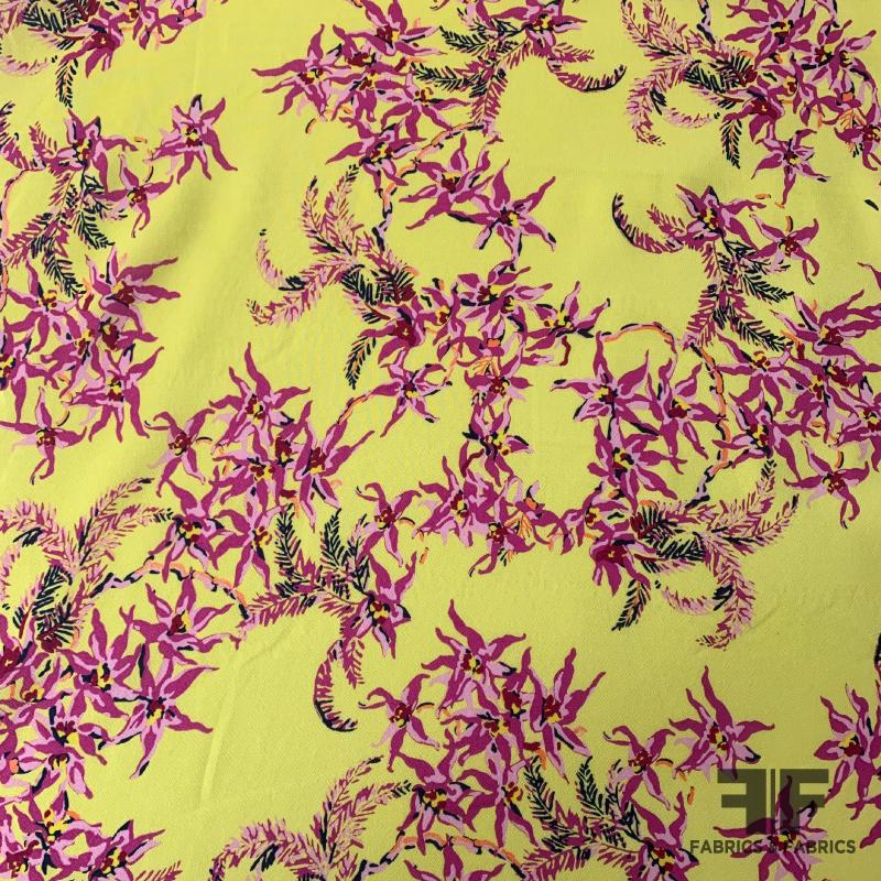 Falling Orchid Printed Rayon Crepe - Lemon-Lime/Multicolor