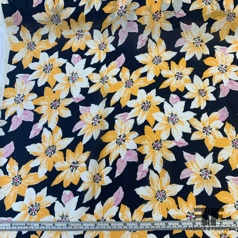 Large Angkor Floral Silk Georgette - Midnight Navy/Tangerine