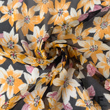 Large Angkor Floral Crinkled Silk Chiffon - Midnight Navy/Tangerine