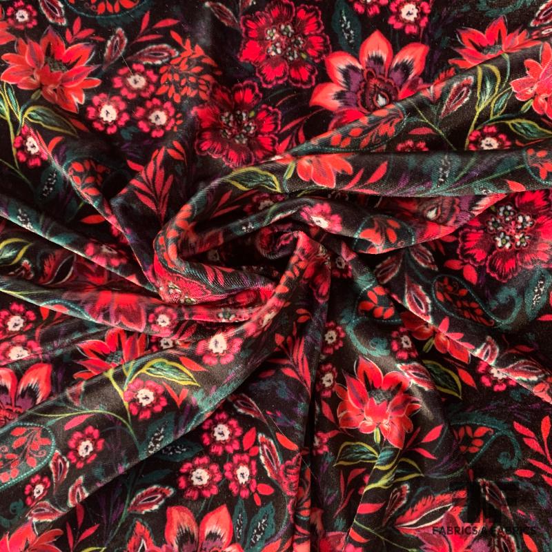 Paisley Floral Polyester Stretch Velvet - Magenta/Multicolor - Fabric by  the Yard