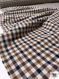 Italian Gingham Wool Blend Stretch Suiting - Cream / Brown / Navy