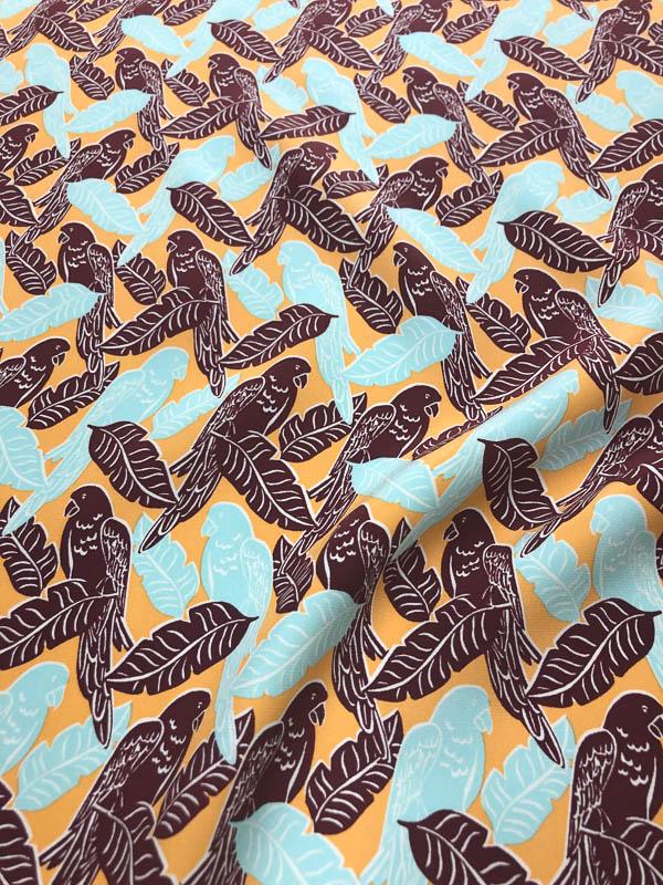 Tropical Parrot and Leaf Matte Printed Silk Charmeuse - Maroon / Orange / Tiffany Blue
