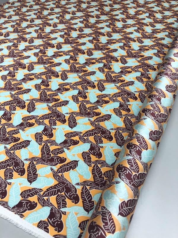 Tropical Parrot and Leaf Matte Printed Silk Charmeuse - Maroon / Orange / Tiffany Blue
