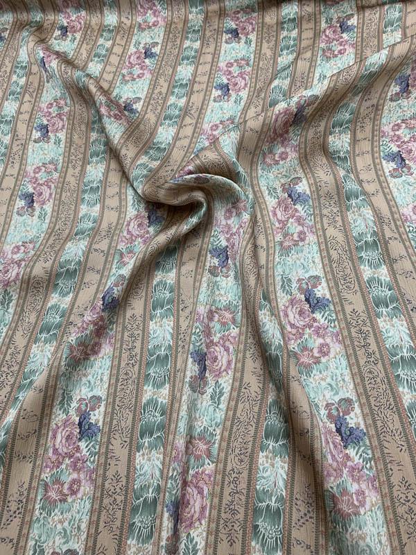 Vintage Inspired Striped Floral Crinkled Printed Silk Charmeuse - Tan / Multicolor