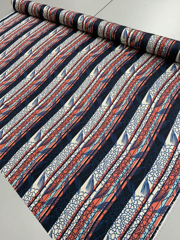 Striped Floral Printed Silk Charmeuse  -  Blue / White / Coral