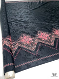 Floral Zig Zag Border Printed Silk Jacquard  -  Black / Pink