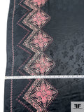 Floral Zig Zag Border Printed Silk Jacquard  -  Black / Pink