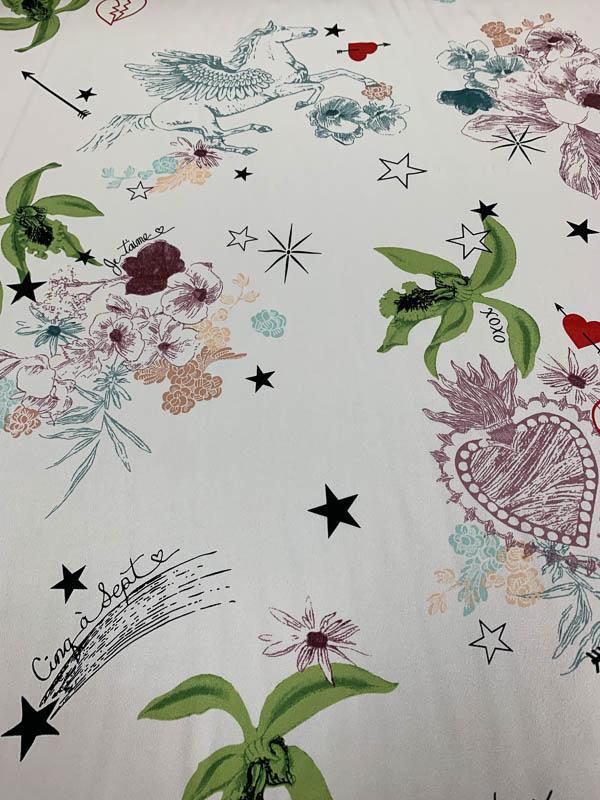 Floral Star Heart Silk Printed Silk Charmeuse  -  White / Multicolor