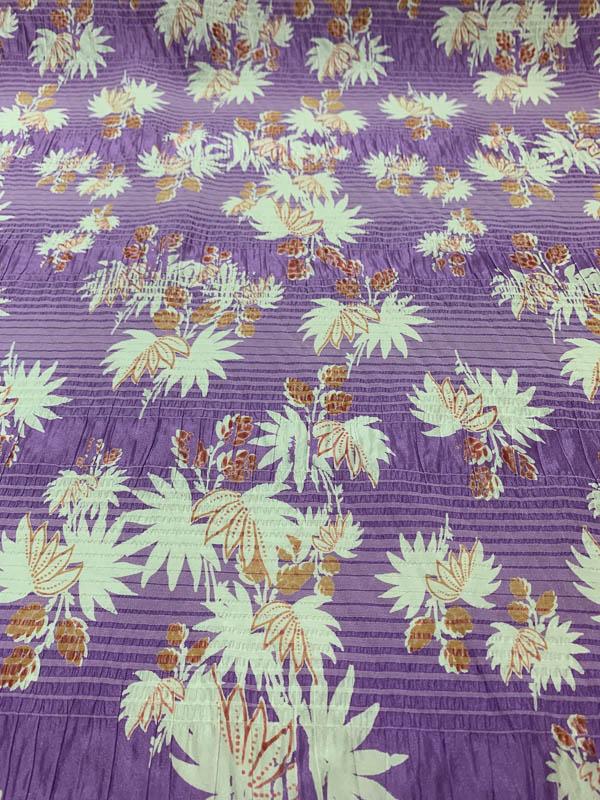 Ruched Striped Floral Stretch Printed Silk Crepe de Chine - Purple / Rust / White