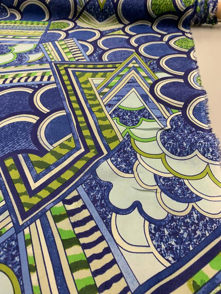 Grogram Cloth Groovy Geometric Collage Stretch Printed Silk Chiffon - Blue / Green ...