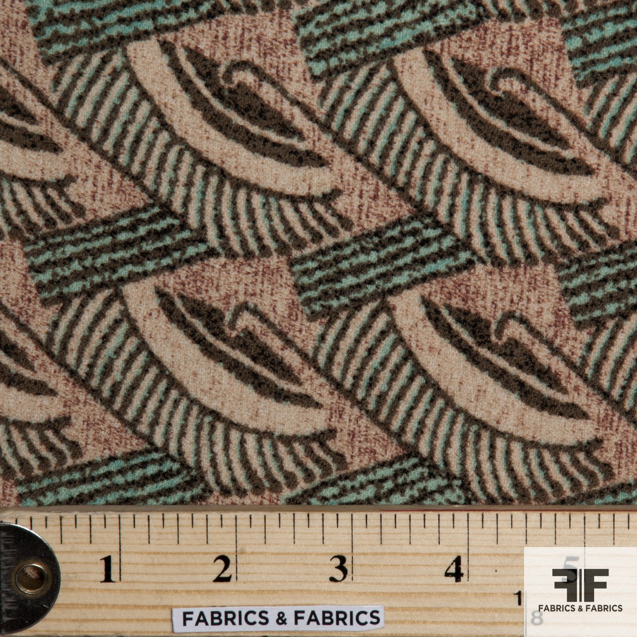 Abstract Geometric Wool Crepe - Green/Maroon/Cream - Fabrics & Fabrics NY