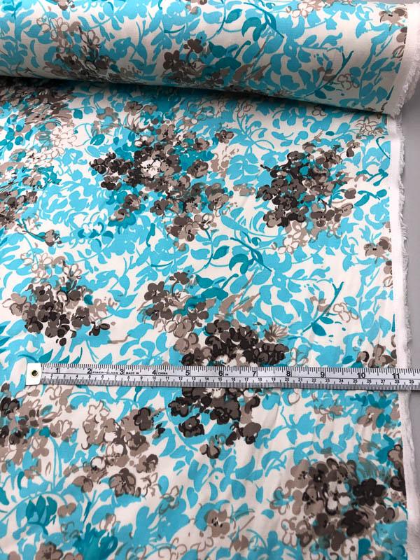 Floral Printed Stretch Printed Cotton Sateen - Turquoise / Taupe / White