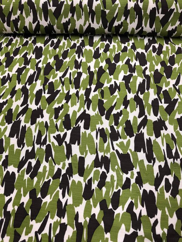 Abstract Graphic Light-Faille Printed Cotton Silk Blend - Olive Green / Brown / Off-White