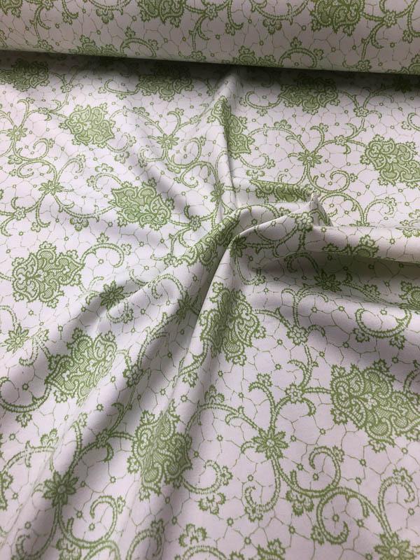 Ornate Lace Printed Stretch Cotton Sateen - Lime Green / White