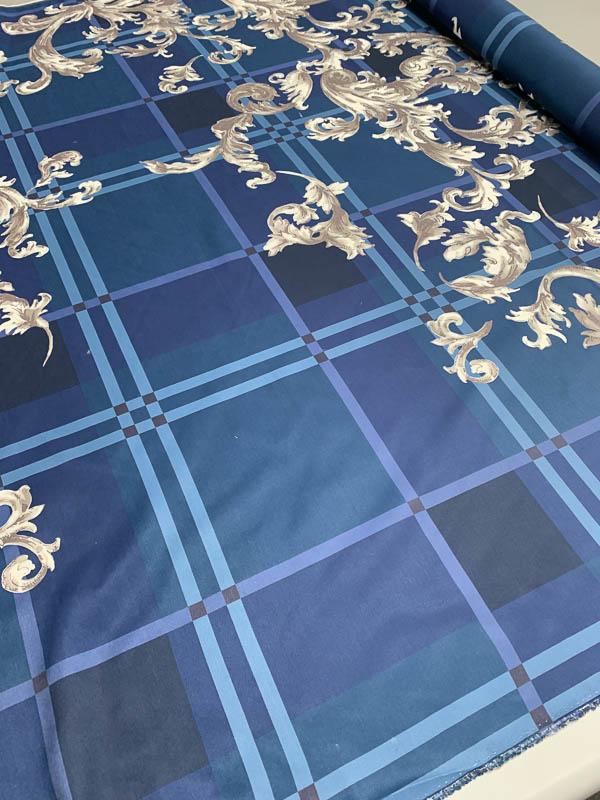 Famous NYC Designer Italian Terracotta Vine Printed Fine Silk Faille Panel - Blue / Grey