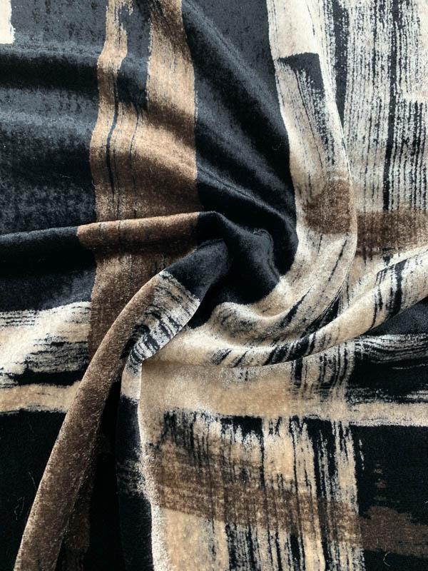 Italian Large-Scale Brushstroke Plaid Printed Velvet - Black / Brown / Tan