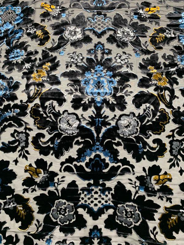 Italian Floral Damask Cut Velvet - Black / Blue / Mustard