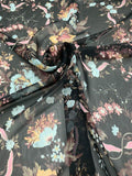 Double Border Floral Printed  Silk Chiffon - Blue / Pink / Multicolor