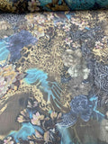 Floral Cheetah Collage Printed Crinkled Silk Chiffon - Blue / Tan / Multicolor