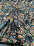 Floral Paisley Printed Stretch Cut Velvet - Brown / Black / Forest Green
