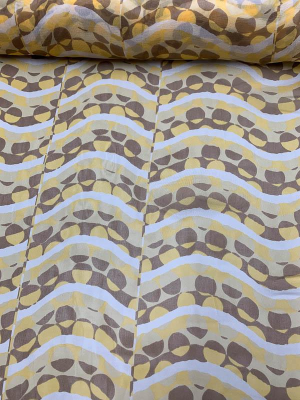 Uneven Waves Dotted Printed Satin Silk Chiffon - Yellow / Tan / Brown
