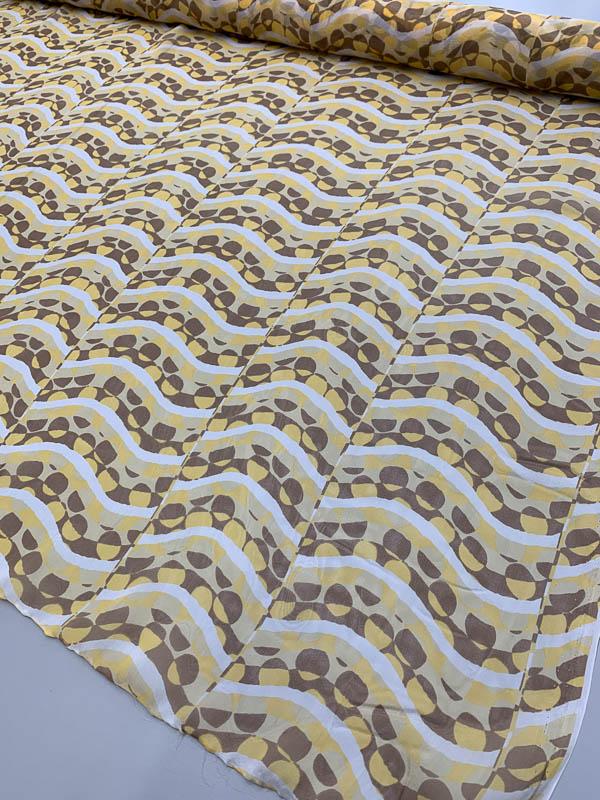 Uneven Waves Dotted Printed Satin Silk Chiffon - Yellow / Tan / Brown