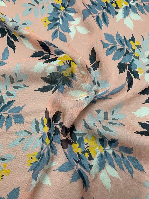 Leaf Bouquet Printed Crinkled Silk Chiffon - Peachy Pink / Grey / Navy / Yellow