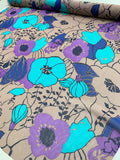 Graphic Floral Printed Silk Chiffon - Teal / Purple / Blue / Mocha