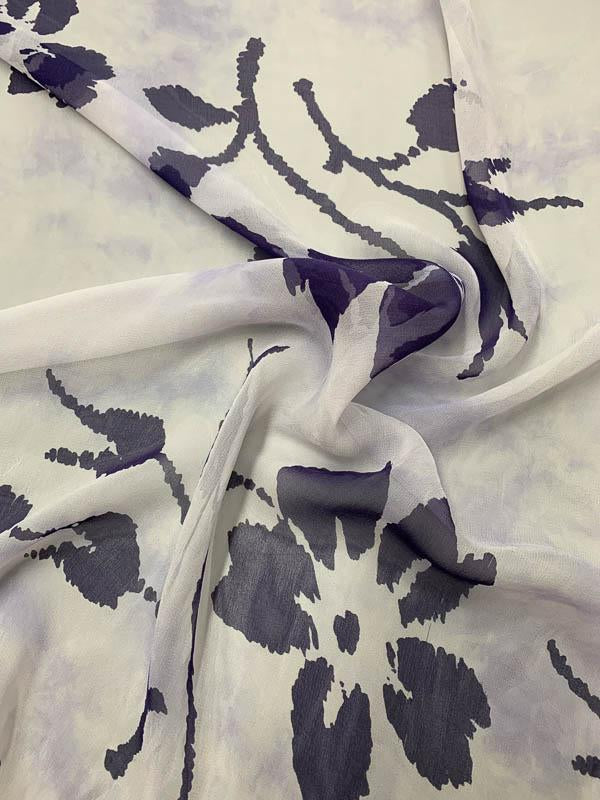 Tie-Dye Floral Printed Silk Chiffon - Purple / Off-White