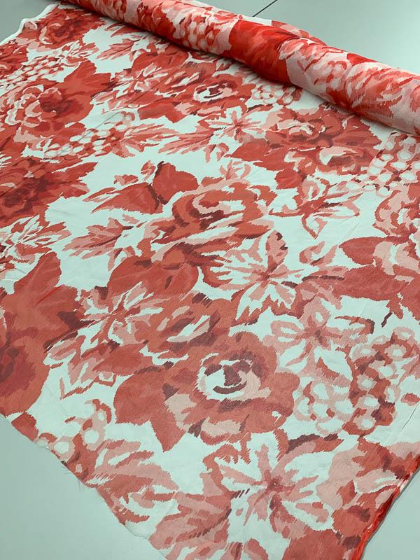 Romantic Floral Printed Crinkled Silk Chiffon - Lipstick Red / White