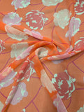 Floral Peonies Printed Crinkled Silk Chiffon - Coral / Magenta