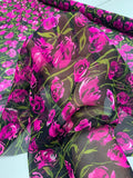 Floral Field Printed Silk Chiffon - Magenta / Green / Black