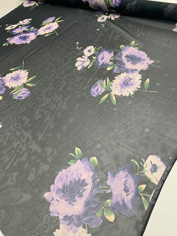 Blooming Floral Printed Silk Chiffon - Purple / Black / Green