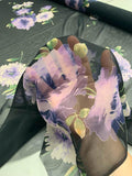 Blooming Floral Printed Silk Chiffon - Purple / Black / Green