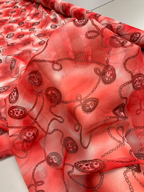 Tie-Dye Charms & Chains Printed Silk Chiffon - Strawberry Red / Maroon / White