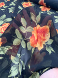 Flowers in Bloom Printed Silk Chiffon - Orange / Dusty Green / Black